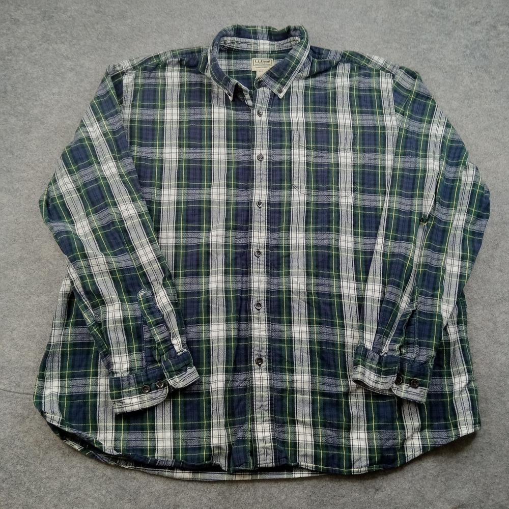 LL Bean Shirt Mens 2XL Green Blue Plaid‎ Flannel Button Front Long Sleeve 228061